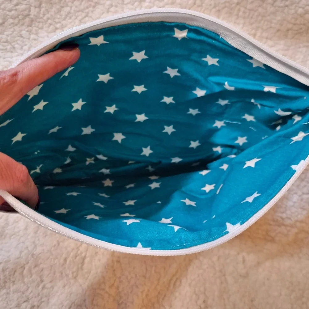 Blue Glitter Whale Shaker Cosmetic Bag White Faux Leather Star Print Pouch Beach